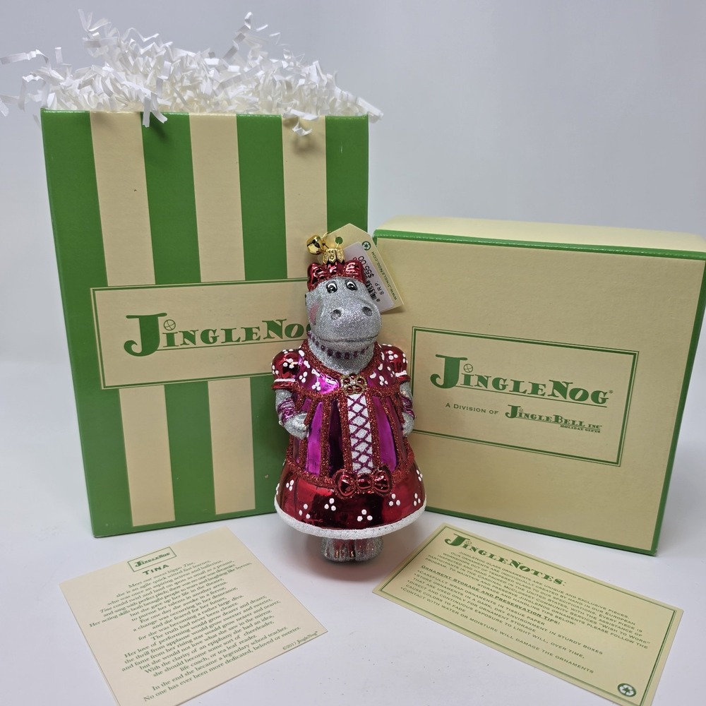 NIB JingleNog Tina Hippo Ornament #80558 Hand Blown & Painted in Poland